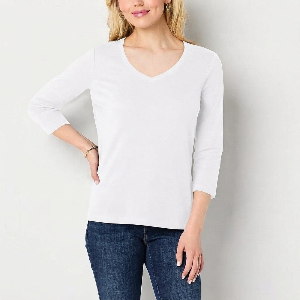 NWT St. John's Bay Womens L Tall White V Neck 3/4 Sleeve T-Shirt